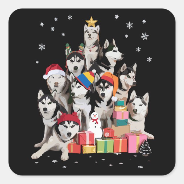 Pegatina Cuadrada Funny Siberian Husky Christmas Tree Pet Dog Lover  (Anverso)