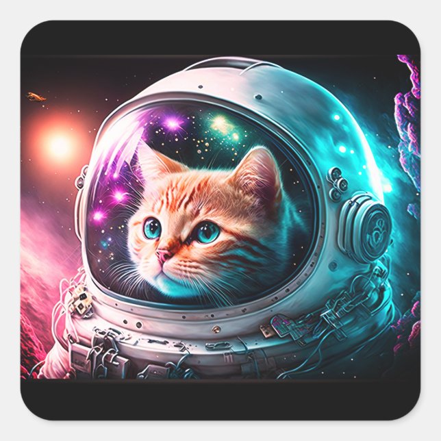 Pegatina Cuadrada Funny Space Cat Astronauta Kitty Galaxy Universe (Anverso)