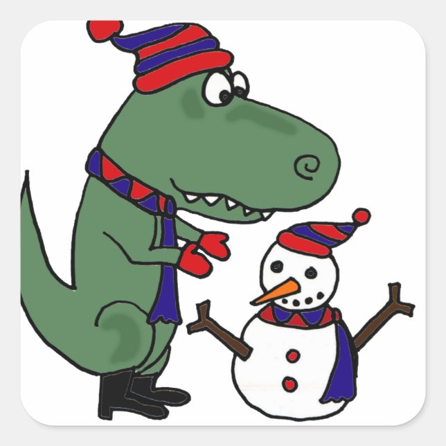 Pegatina Cuadrada Funny T-Rex Dinosaur Building Snowman (Anverso)