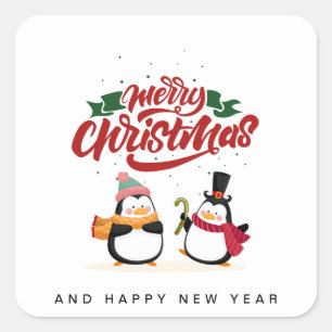 Pegatina Cuadrada Funny tarjeta de Navidades pingüinos, Feliz Navida