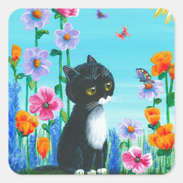 Pegatina Cuadrada Funny Tuxedo Cat Butterflies Creationarts (Anverso)