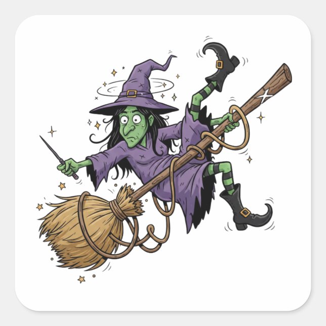 Pegatina Cuadrada Funny Witch Tangled On Broom Art Sticker (Anverso)