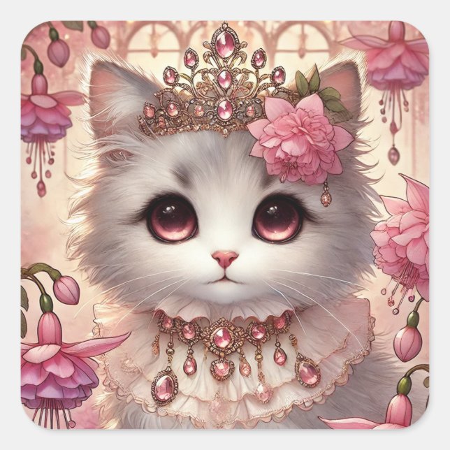 Pegatina Cuadrada Fuschia Princess Cat (Anverso)