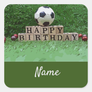 Pegatina Cuadrada Fútbol Feliz cumpleaños con bola en Fiesta verde