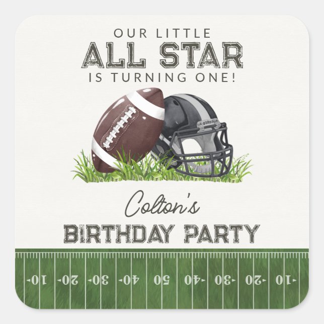 Pegatina Cuadrada Fútbol Little Star Touchdown Birthday Favor (Anverso)