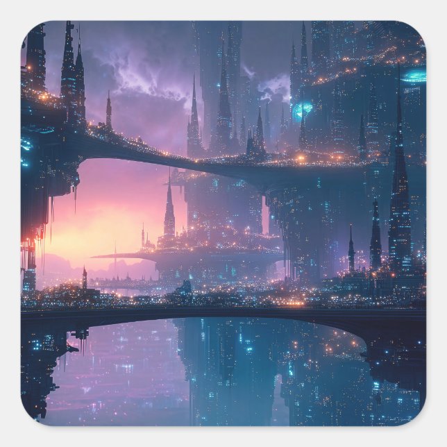 Pegatina Cuadrada Futuristic Cityscape at Dusk (Anverso)