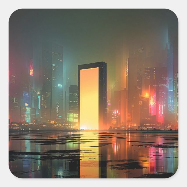 Pegatina Cuadrada Futuristic Cityscape with Neon Reflections (Anverso)