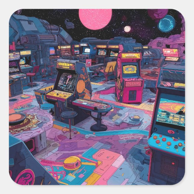 Pegatina Cuadrada Futuristic Retro Arcade in Outer Space (Anverso)