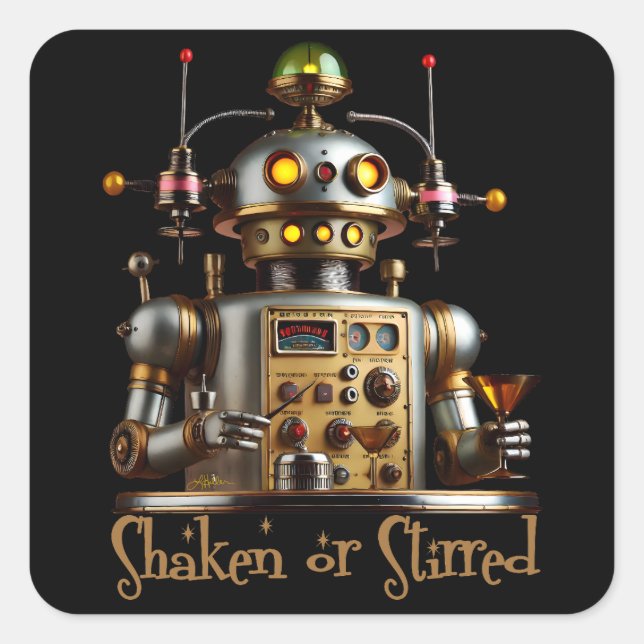 Pegatina Cuadrada Futuristic Robot Bartender "Shaken or Stirred" (Anverso)