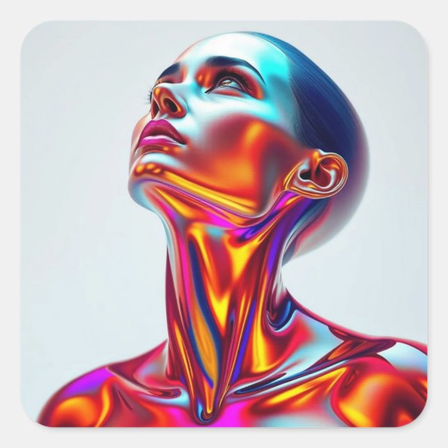 Pegatina Cuadrada Futuristic woman portrait, sci-fi aesthetics, neon (Anverso)