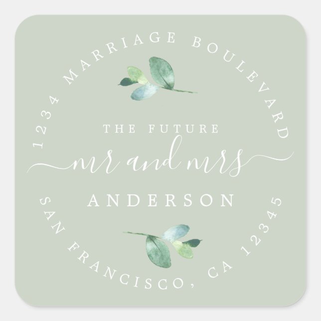 Pegatina Cuadrada Futuro Sr. Foliage Boda Return Address (Anverso)
