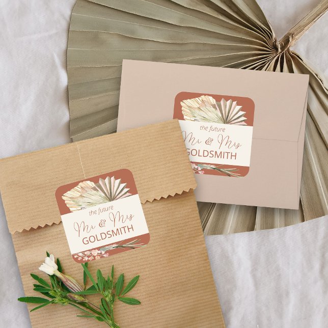Pegatina Cuadrada Futuro Sr. y Sra. Terracotta Boda Envelope (Future Mr & Mrs stickers from my Boho Palm Bridal Shower Collection)