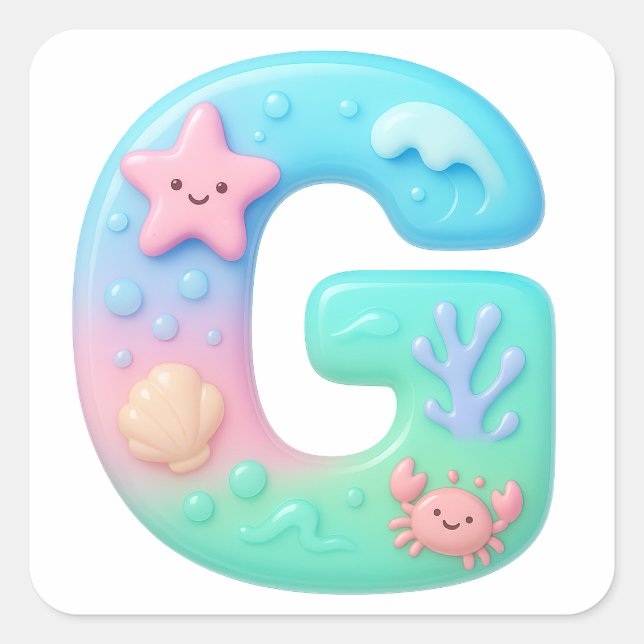 Pegatina Cuadrada "G" Cute Bubble Letter - Underwater Sea Creature (Anverso)