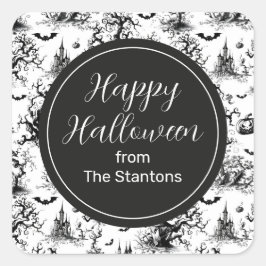 Pegatina Cuadrada Gabinete Monograma de Halloween blanco y negro