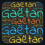 Pegatina Cuadrada Gaetan<br><div class="desc">Gaetan. Show and wear this popular beautiful male first name designed as colorful wordcloud made of horizontal and vertical cursive hand lettering typography in different sizes and adorable fresh colors. Wear your positive french name or show the world whom you love or adore. Merch with this soft text artwork is...</div>
