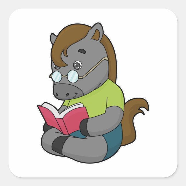 Pegatina Cuadrada Gafas de libro de caballos Nerd (Anverso)