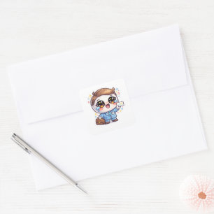 Pegatina Cuadrada Gafas de médico kawaii lindas traje maletín 