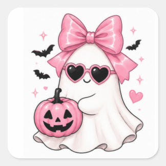 Pegatina Cuadrada Gafas de sol con corazón de fantasma con lazo rosa