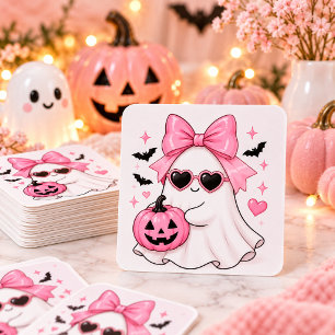 Pegatina Cuadrada Gafas de sol con corazón de fantasma con lazo rosa