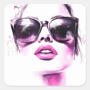 Pegatina Cuadrada Gafas de sol de mujer de moda de acuarela rosa chi