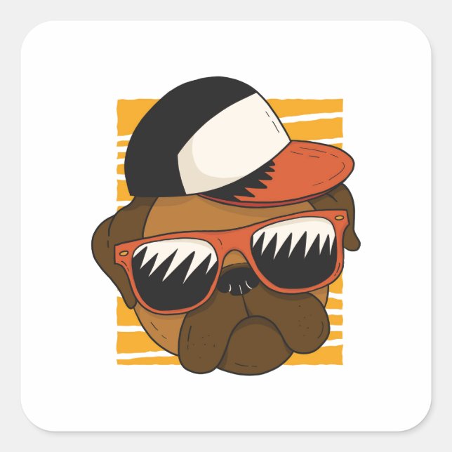 Pegatina Cuadrada Gafas de sol de pug diseño de cabeza (Anverso)