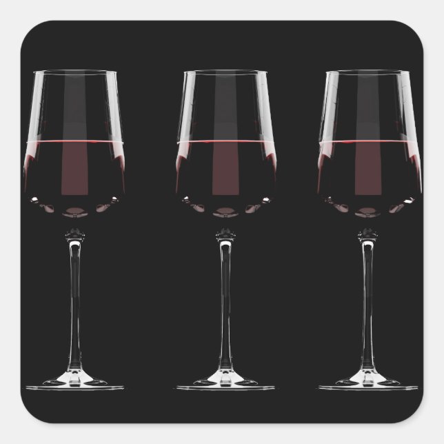 Pegatina Cuadrada Gafas de vino con vino tinto en negro (Anverso)