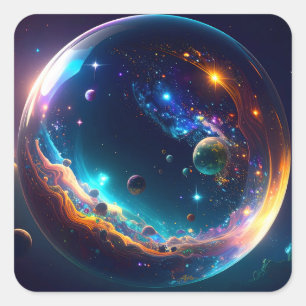Pegatina Cuadrada Galaxia de burbujas cósmicas arte de fantasía
