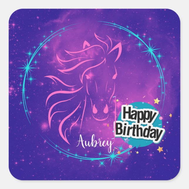 Pegatina Cuadrada Galaxia de caballo Feliz cumpleaños personalizado (Anverso)