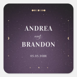 Pegatina Cuadrada Galaxia púrpura Boda Celestial Oro Místico Moon