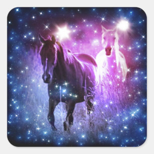 Pegatina Cuadrada Galaxia romántica estrellas moradas azules galopan