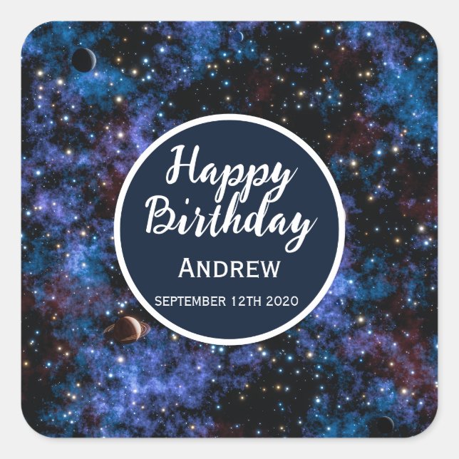 Pegatina Cuadrada Galaxias, estrellas y planetas coloridos (Anverso)