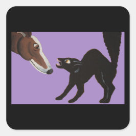 Pegatina Cuadrada Galgo de Halloween con gato negro enfadado