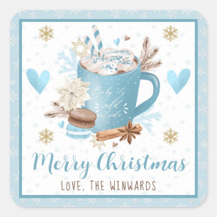Pegatina Cuadrada Galletas Azules y Cacao Feliz Navidad