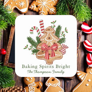 Pegatina Cuadrada Galletas de árbol de Navidad "Baking Spirits Brigh