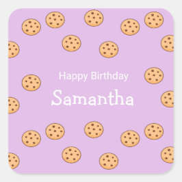 Pegatina Cuadrada Galletas de chip de chocolate púrpura de cumpleaño
