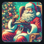 Pegatina Cuadrada Galletas de chocolate | Vintage Christmas<br><div class="desc">Una bonita acuarela de arte estilo ai representando a Santa sosteniendo un plato de galletas de chocolate en Navidades de la Víspera con vibraciones vintage.</div>