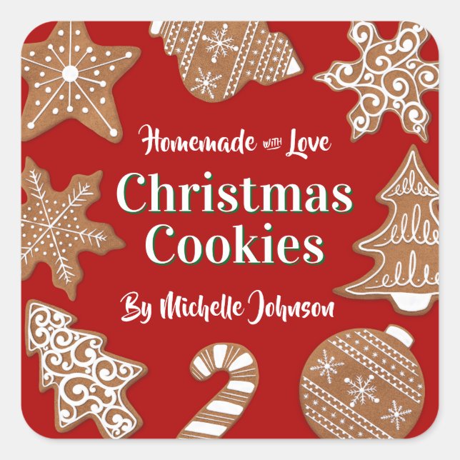 Pegatina Cuadrada Galletas de Navidad Caseras Rojas (Anverso)