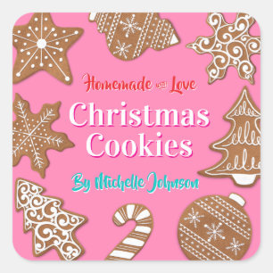 Pegatina Cuadrada Galletas de Navidad caseras rosadas