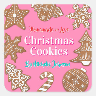 Pegatina Cuadrada Galletas de Navidad caseras rosadas
