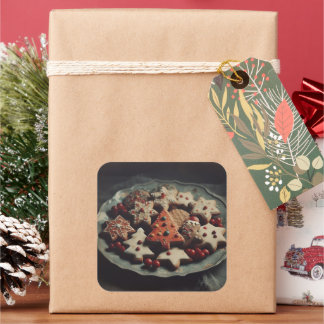 Pegatina Cuadrada Galletas de Navidad en Plato Galleta de Navidad
