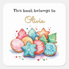 Pegatina Cuadrada Galletas de Navidad Este Libro Pertenece a Nombre