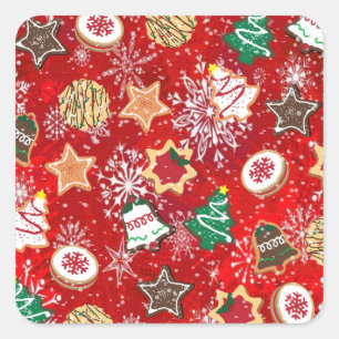 Pegatina Cuadrada Galletas de Navidad y Copos de Nieve en Rojo