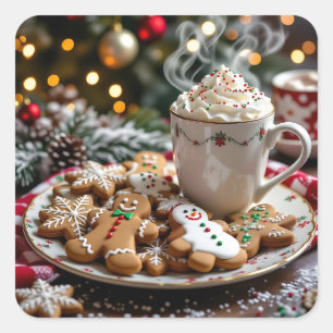 Pegatina Cuadrada Galletas dulces de Navidad y cacao caliente