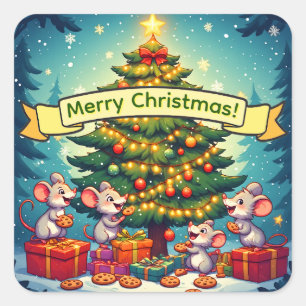 Pegatina Cuadrada Galletas Ratones Lindos Árbol de Navidad Festivo A