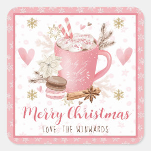 Pegatina Cuadrada Galletas Rosadas y Cocoa Feliz Navidad