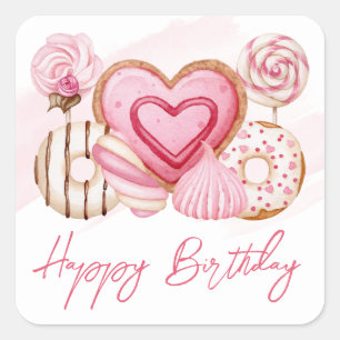 Pegatina Cuadrada Galletas y dulces de acuarela rosa Cumpleaños