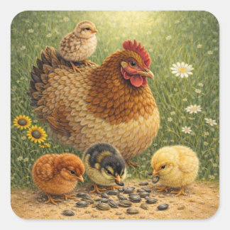 Pegatina Cuadrada Gallina Madre con Pollitos Alimentándose de Semill