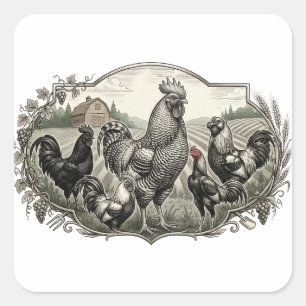 Pegatina Cuadrada Gallinas en la granja