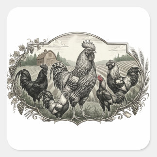 Pegatina Cuadrada Gallinas en la granja