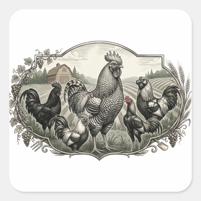 Pegatina Cuadrada Gallinas en la granja (Anverso)
